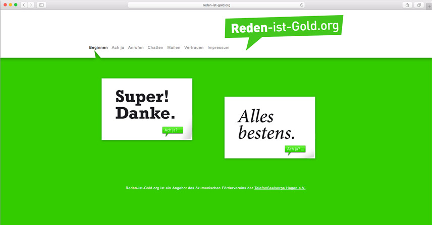 Website zur Kampagne 'Reden ist Gold' von der TelefonSeelsorge Deutschland
